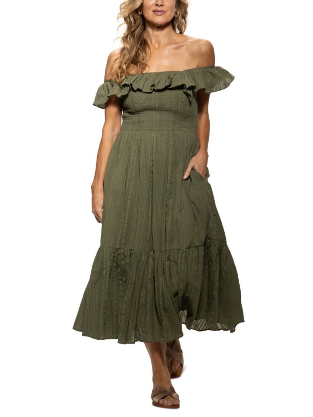 Dotti  Women's Cotton On/Off-the-Shoulder Cover-up Dress - Olive  Size L   NWT